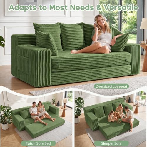 Boneless Couch for Living Room, 3 Seater Convertible Sofa Bed in Box, Green