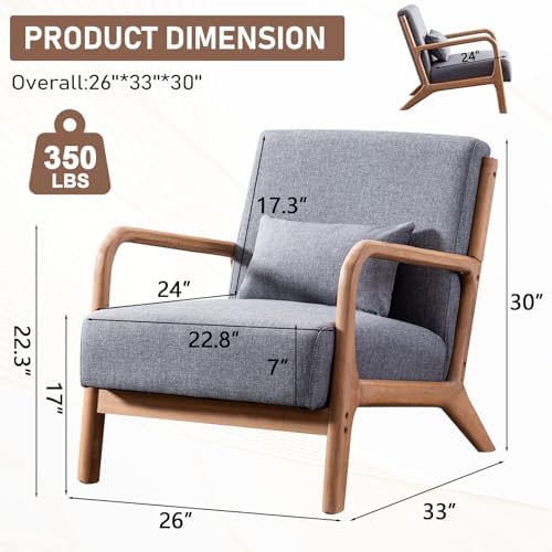 ANJ Mid Century Modern Accent Chair, Single Fabric Lounge Reading Armchair with Solid Wood Frame, Easy Assembly Arm Chairs for Living Room, Grey