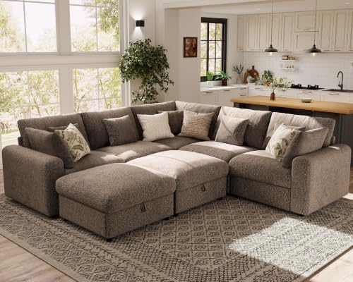 Ihanherry Oversized Cloud Sectional Couches for Living Room, Modular Sectional Sofa with Wide Deep Seat, Coner Couch with Throw Pillow and Storage Ottoman, Brown