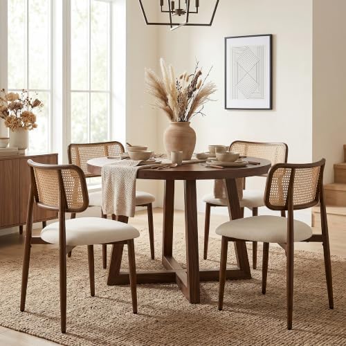 UVV Dining Chairs Set of 6, Metal Kitchen Chairs with Modern Fabric Upholstered for Dining Room, Beige Rattan