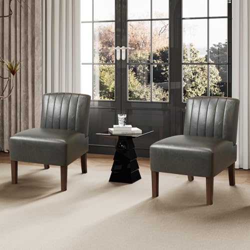 VIRRMO Armless Accent Chairs Set of 2 Upholstered Dining Chairs Living Room Chairs with Solid Wood Legs Bedroom Chair Leather Reading Chair Comfy Chair for Bedroom Vanity Kitchen (Grey)