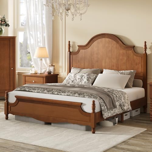 AMERLIFE King Solid Wood Poster Bed with Arched Headboard, Brown