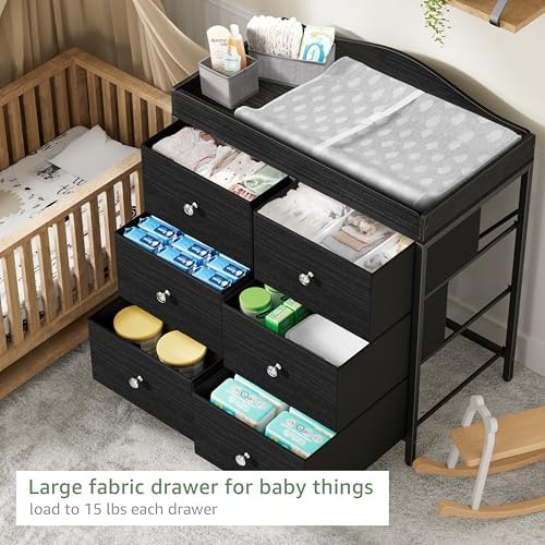 BOLUO Black Changing Table Dresser with 6 Fabric Drawers, Baby Dresser with Changing Table Top Diaper Changing Station with Storage for Nursery Modern