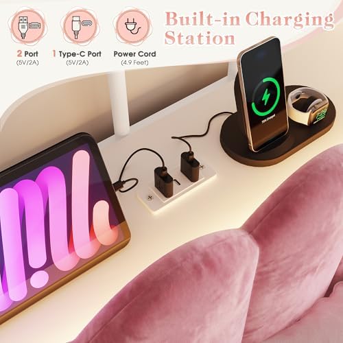 Homkdom Full Canopy Bed Frame with 2 Drawers and LED & Charging,Pink