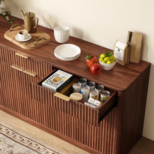 Evermagin 67" Fluted Walnut Sideboard Buffet Cabinet with 3 Drawers