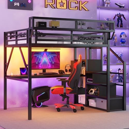 KEIKI Full Size Metal Loft Bed Frame with Desk, Staircase, Built-in Storage Shelves and Wardrobe, Modern Loft Bed with Solid Slats, Guardrail, No Box Spring Required, Easy Assembly, for Bedroom, Black