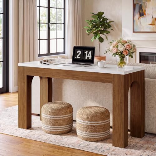 Tribesigns 63-Inch Bar Table, Long Counter Height Pub Table with Arched Leg, Farmhouse Rectangular Home Bar Coffee Unit for Dining Room, Bistro, Restaurant, White & Brown