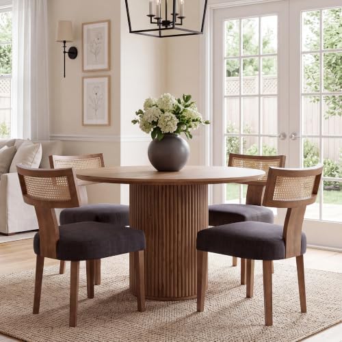 HNY Mid Century Modern Rattan Dining Chairs Set of 4, Farmhouse Linen Upholstered Accent Chair Curved Backrest Kitchen Chairs, with Hardwood Frame, Charcoal