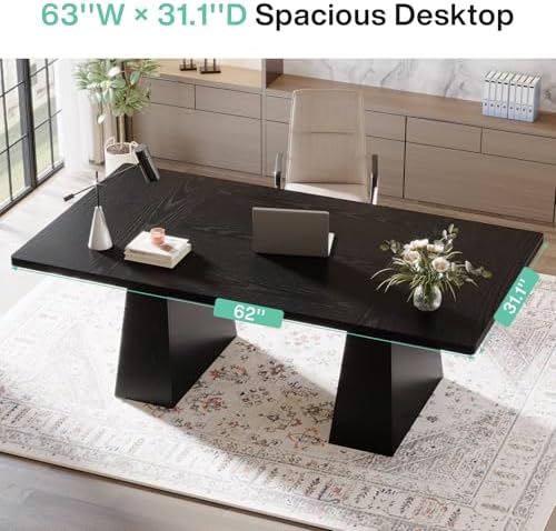 Tribesigns 63-Inch Executive Desk, Large Office Computer Desk with Double Pedestal, Modern Simple Workstations Writing Table Conference Table Business Furniture for Home Office, Black