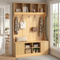 5-in-1 Hall Tree with Bench and Shoe Storage with LED Sensor Light, OAK丨Entryway Coat Rack with Hooks and Storage Cubes, Shoe Cabinet with Fluted Door, Modern Hall Tree for Entryway, Living Room