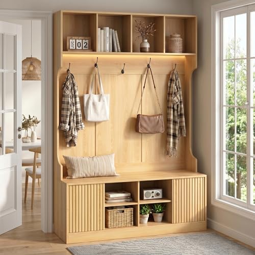 5-in-1 Hall Tree with Bench and Shoe Storage with LED Sensor Light, OAK丨Entryway Coat Rack with Hooks and Storage Cubes, Shoe Cabinet with Fluted Door, Modern Hall Tree for Entryway, Living Room