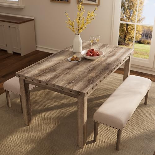 Morden Fort Farmhouse Dining Table Set for 4, 3-Piece Kitchen Table and Chairs Set with 2 Benches, 60" Rectangular Dining Table, Space-Saving Dining Set for Kitchen, Dining Room, Apartment