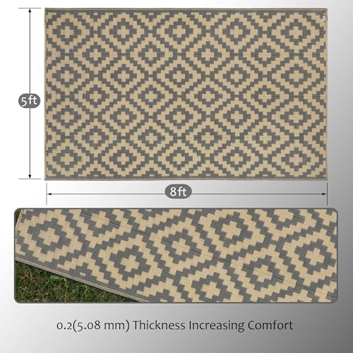 SAND MINE Reversible Mats, Plastic Straw Rug, Modern Area Rug, Large Floor Mat and Rug for Outdoors, RV, Patio, Backyard, Deck, Picnic, Beach, Trailer, Camping, Grey & Tan, 5' x 8'