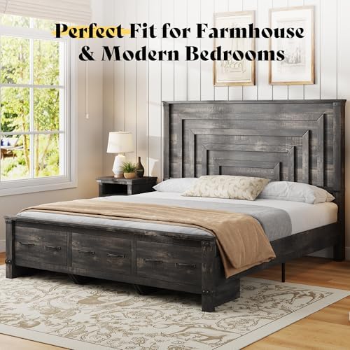 AMERLIFE 5 Pieces Farmhouse Bedroom Set, Includes Rustic King Bed Frame with 54" Tall Headboard, 6 Drawer Dresser, 5 Drawer Tall Chest, Nightstands Set of 2 with Charging Station, Black Oak