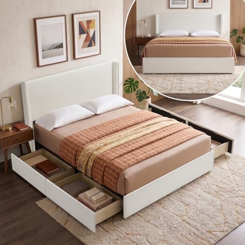 Queen Bed Frame with Storage Drawers, Corduroy Bed with Headboard, Cream