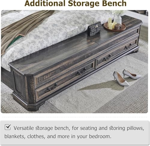 T4TREAM Farmhouse King Bed with Headboard and Storage Bench