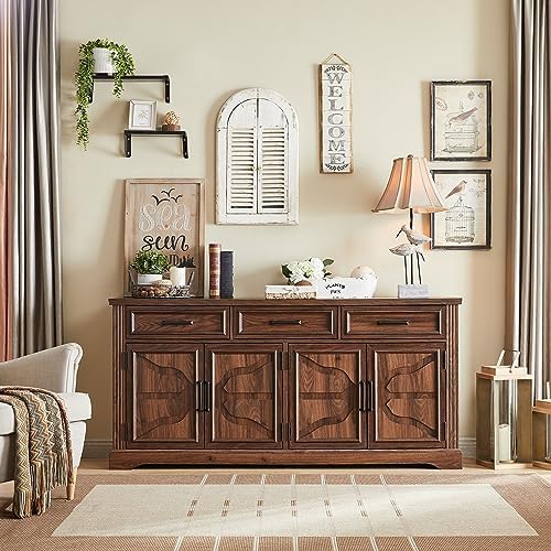 JXQTLINGMU 66" Farmhouse Buffet Cabinet with Storage, Sideboard Credenza, Carved Cloud-Inspired Doors, 3 Drawers & Adjustable Shelves, Coffee Bar Cabinet, Dark Brown