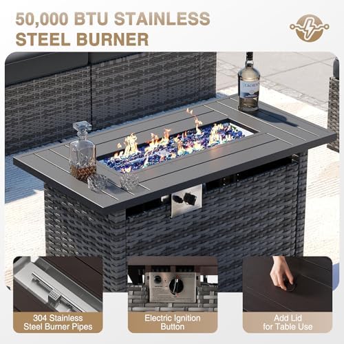 Aoxun Patio Furniture Sets, 12-Piece Outdoor Patio Furniture with 44'' Propane Gas Firepit Table, Wicker Outdoor Conversation Set Sectional Sofa for Backyard, Poolside, Garden