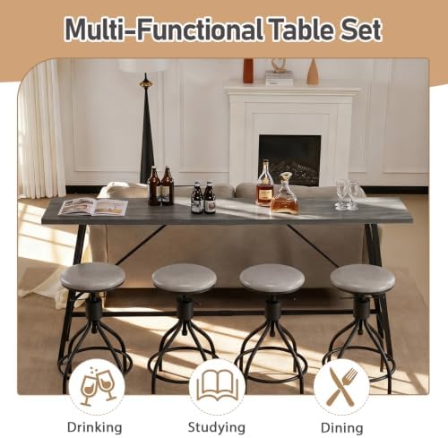 Karl home 83.8" Bar Table and Chairs Set, 4 Adjustable PU Stools, Gray