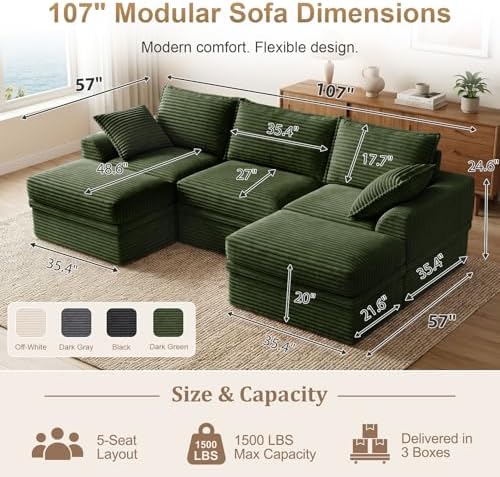 Modular Sectional Couch with Storage, Couches for Living Room, Corduroy 5-Seat U Shaped Upgraded Boneless Couch with 2 Ottomans & Pillows, Cloud Memory Foam Sofa, Deep Seat,No Assembly (107"-Green)