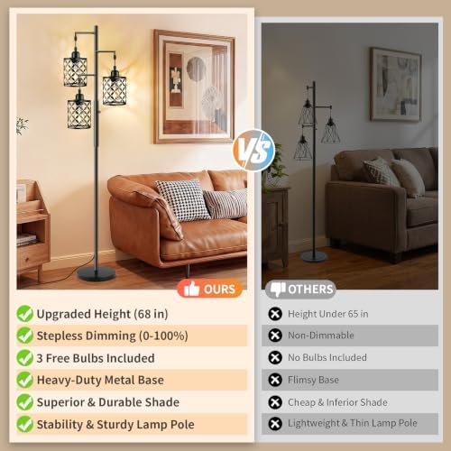 68" Industrial Tree Floor Lamp, Dimmable Farmhouse Tall Standing Lamp with Quatrefoil Cutout Shades & Rotary Dimmer Knob, Corner Light for Living Room Bedroom, 3 x800LM Bulbs Included-Black