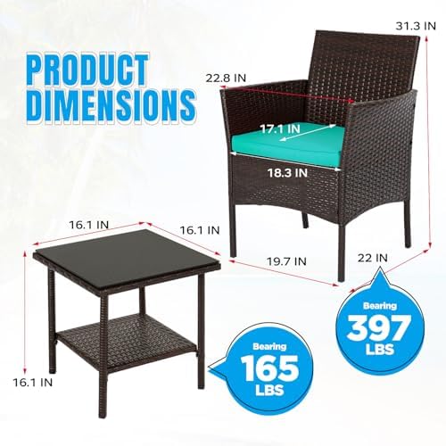 FDW 3-Piece Patio Furniture Set | Brown & Blue | Outdoor Wicker Furniture