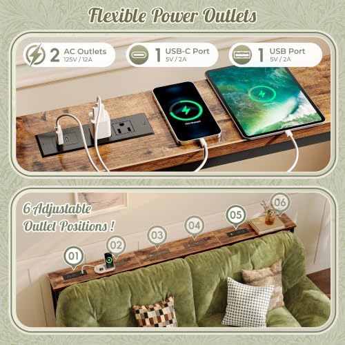 Huuger 78.7 Inch Sofa Table with Power Outlets, 23.9’’-34.4’’ Height Adjustable Range, Behind Couch Table with USB-C Ports, Sofa Tables Narrow Long, Skinny Console Table, Small Spaces, Rustic Brown