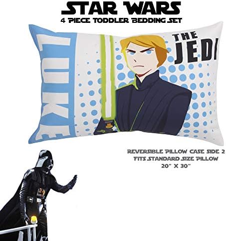 Disney Star Wars Galaxies Await 4 Piece Toddler Bedding Set Fitted Sheet, Pillow Case, Top Sheet, and Comforter Quilt - Blue