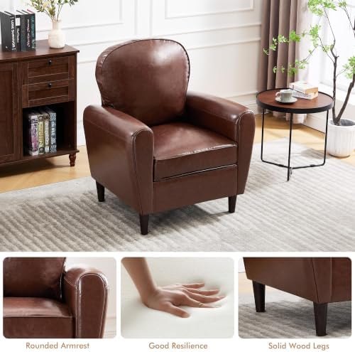 Mid Century Accent Chair Set of 2, Modern Faux Leather Arm Chair, Upholstered Comfy Reading Chair Single Sofa Chairs for Living Room, Bedroom, Club, Dark Brown