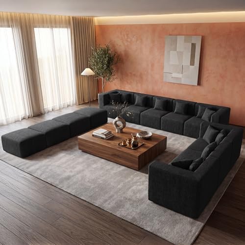 MONVANE Modular Sectional Sofa, Oversized 12 Seat Convertible U Shaped Couch with Ottoman, Comfy Chenille Cloud Couch with Deep Seat, Sectional Couches for Living Room, No Assembly Required, Black