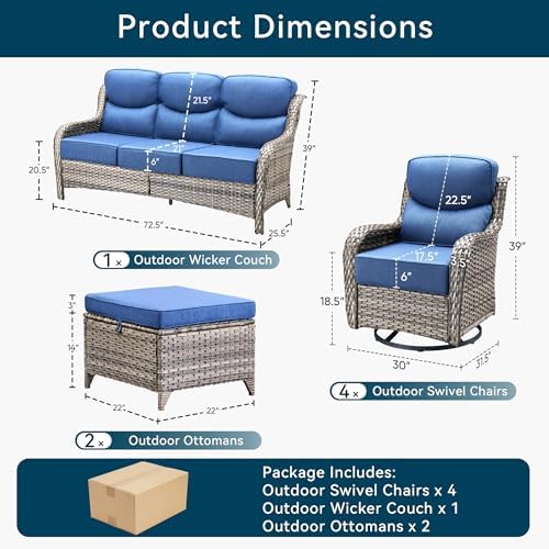 Luxury 7 Pieces Outdoor Patio Furniture Set-All Weather Wicker Outdoor Furniture with Swivel Rocker Patio Chairs 6-inch Extra Thick Cushions Wicker Conversation Set for Garden Porch(Grey/Blue)