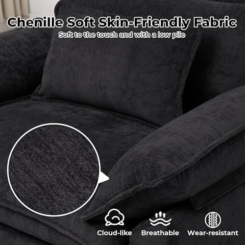 Oversized Accent Chair with Ottoman,44" Chenille Cloud Sofa Chair with Deep Seat,Upholstered Armchair with Extra Thick,Modern Comfy Reading Chairs for Living Room Bedroom Apartment Black