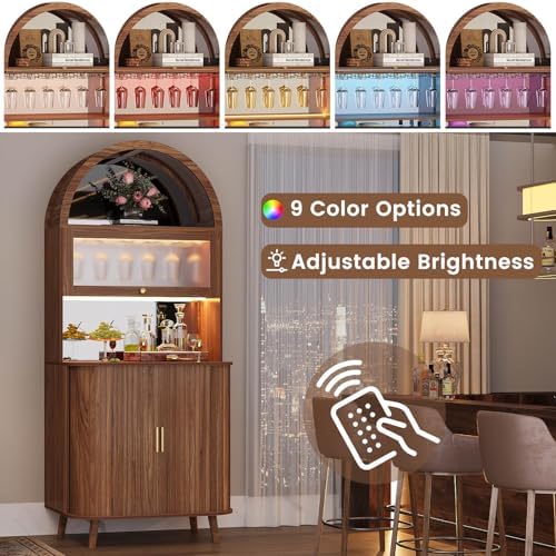 LVB Wine Fridge Cabinet, Arched Bar Cabinet with LED Light, Walnut, 73 Inch