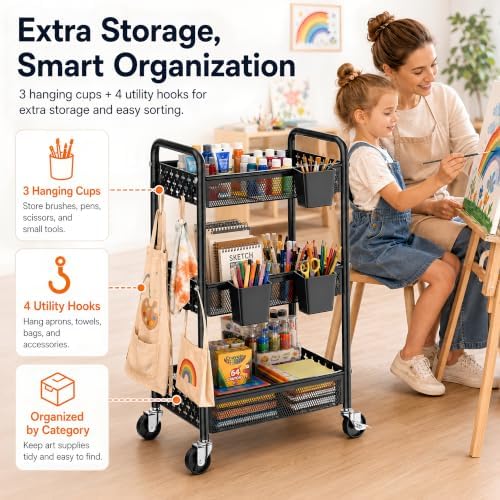 3 Tier Heavy Duty Rolling Cart Organizer, Black Utility Storage Carts with Wheels,Three Tiered Snack Cart for Baby Diaper Caddy, Cleaning Supplies, Craft Art Supply, Lash, Bathroom, Kitchen, Bedside