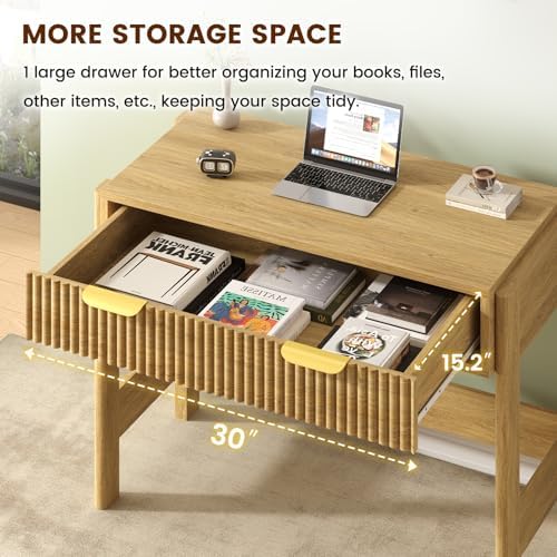 34 Inch Small Fluted Computer Desk with Drawer for Bedroom, Home Office