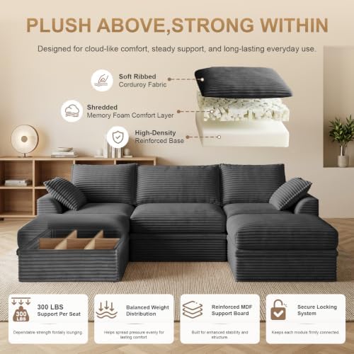 Modular Sectional Couch with Storage, Couches for Living Room, Corduroy 5-Seat U Shaped Upgraded Boneless Couch with 2 Ottomans, Throw Pillows, Cloud Memory Foam Sofa, Deep Seat,No Assembly,107"(Gray)