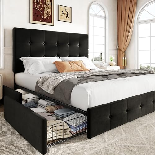 Allewie Queen Size Storage Bed Frame with 4 Underbed Drawers, Upholstered Platform Bed with Adjustable Headboard, Square Button Tufted, Easy Assembly, Noise-Free, No Box Spring Needed, Soft Black