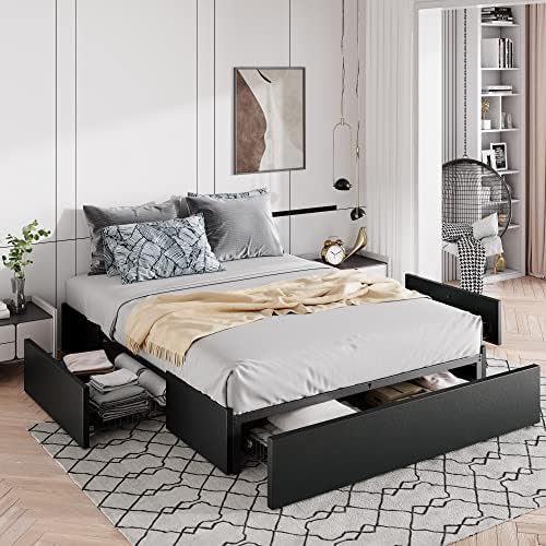 Allewie Queen Size Platform Storage Bed Frame with 3 Drawers, Black