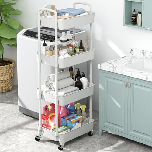 Sywhitta 4-Tier Plastic Rolling Utility Cart with Wheels for Storage,White