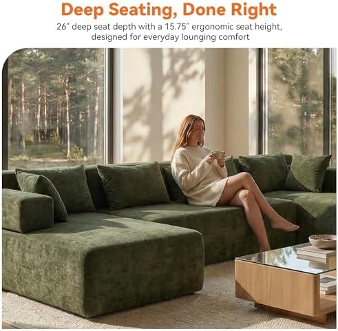 MONVANE 141" U-Shaped Modular Sectional Sofa, Dark Green