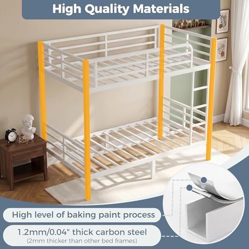 Bunk Bed Twin Over Twin, Heavy Duty Metal Twin Bunk Beds for Teens and Adults, Noise-Free Design Bunkbeds with Ladder, Guardrail for Bedroom, Dorms and Apartment (White, Twin Over Twin)