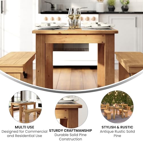 Merrick Lane Jessamine 46" x 30" Rectangular Rustic Solid Pine Farm Dining Table, Antique Farmhouse Wooden Dining Table for Kitchens and Parties, Light Natural
