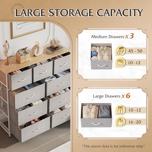 WLIVE Tall Dresser for Bedroom, 9 Drawer Chest of Drawers, Light Grey