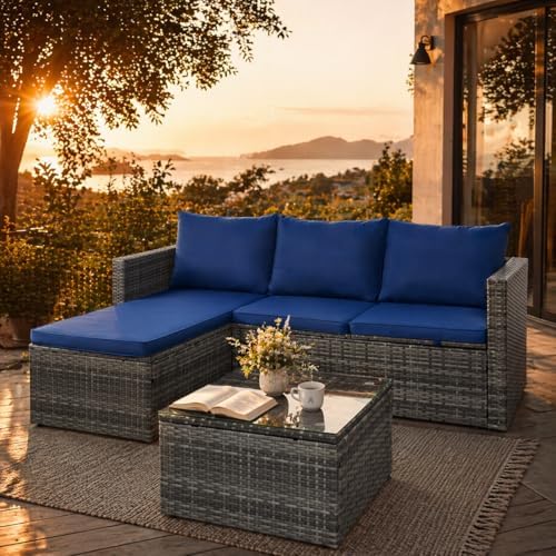 SUNLEI Patio Furniture Set with Detachable Soft Cushions, Outdoor PE Rattan Patio Conversation Sofa Set, 3-Piece Patio Sectional Sofa with Glass Coffee Table (Silver Rattan&Royal Blue)