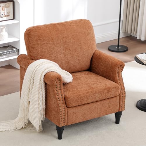 Accent Chair for Living Room, Modern Mid Century Reading Chair Armchair High Back Upholstered Armchair with Wooden Legs for Living Room Bedroom Office (Orange, 2pcs)