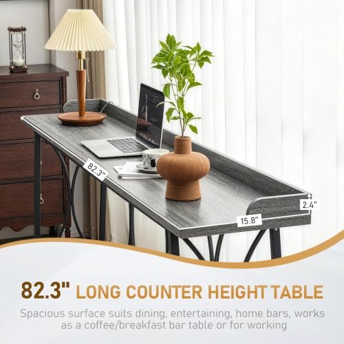 Karl home 82.3" Bar Table, Counter Height Table with Back Rail, Wash Gray