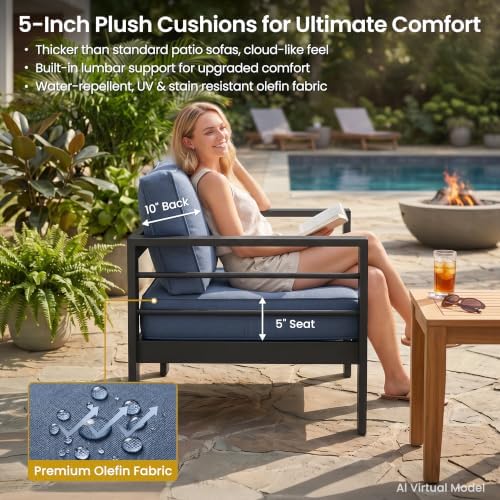 Kiss the Water 2 PCS Aluminum Outdoor Patio Sofa Set, All Weather Rust-Proof Metal Patio Couch, Modern Outdoor Furniture for Backyard Porch Garden, 5" Thick Waterproof Olefin Cushions, Light Grey