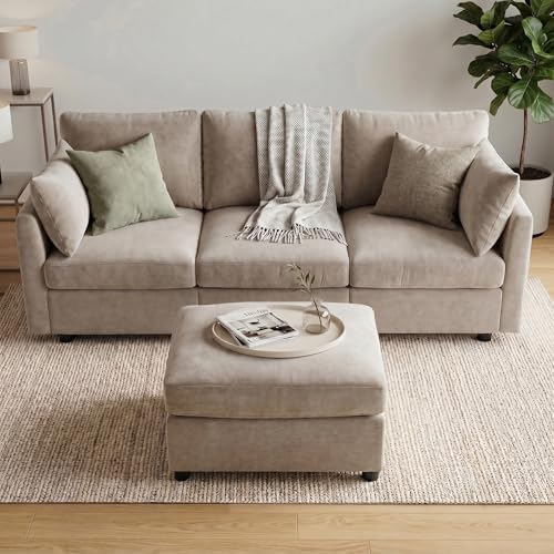Iroomy Sectional Cloud Couch for Living Room, Spring Cushion Seating, L Shaped Convertible Modular Sofa with Ottoman, Khaki