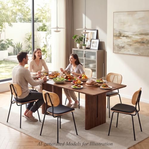 CIMOTA Rattan Dining Chairs Set of 2, Cane Back Kitchen Chairs with Metal Legs, Faux Leather Seat, Armless Dining Room Chairs for Kitchen, Black