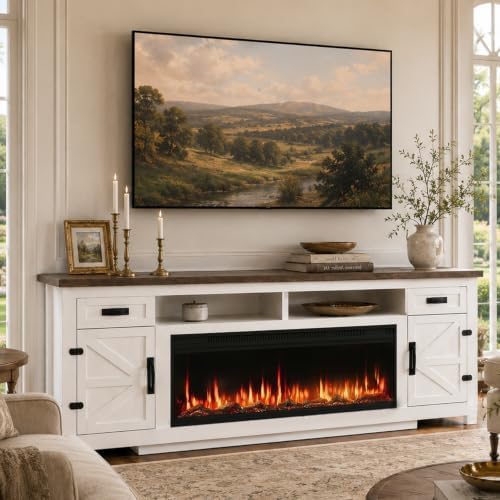 Fireplace TV Stand with Barn Door, 95 inch, Modern White